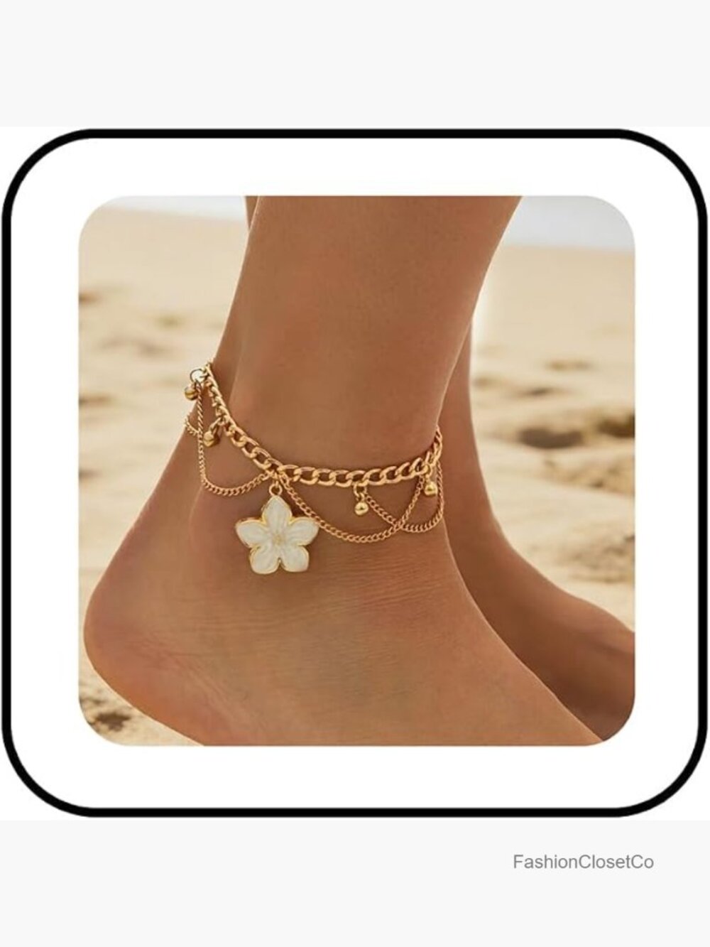Layered Gold Floral Anklet with Charm Beaded Dainty Ankle Bracelet Boho Summer
